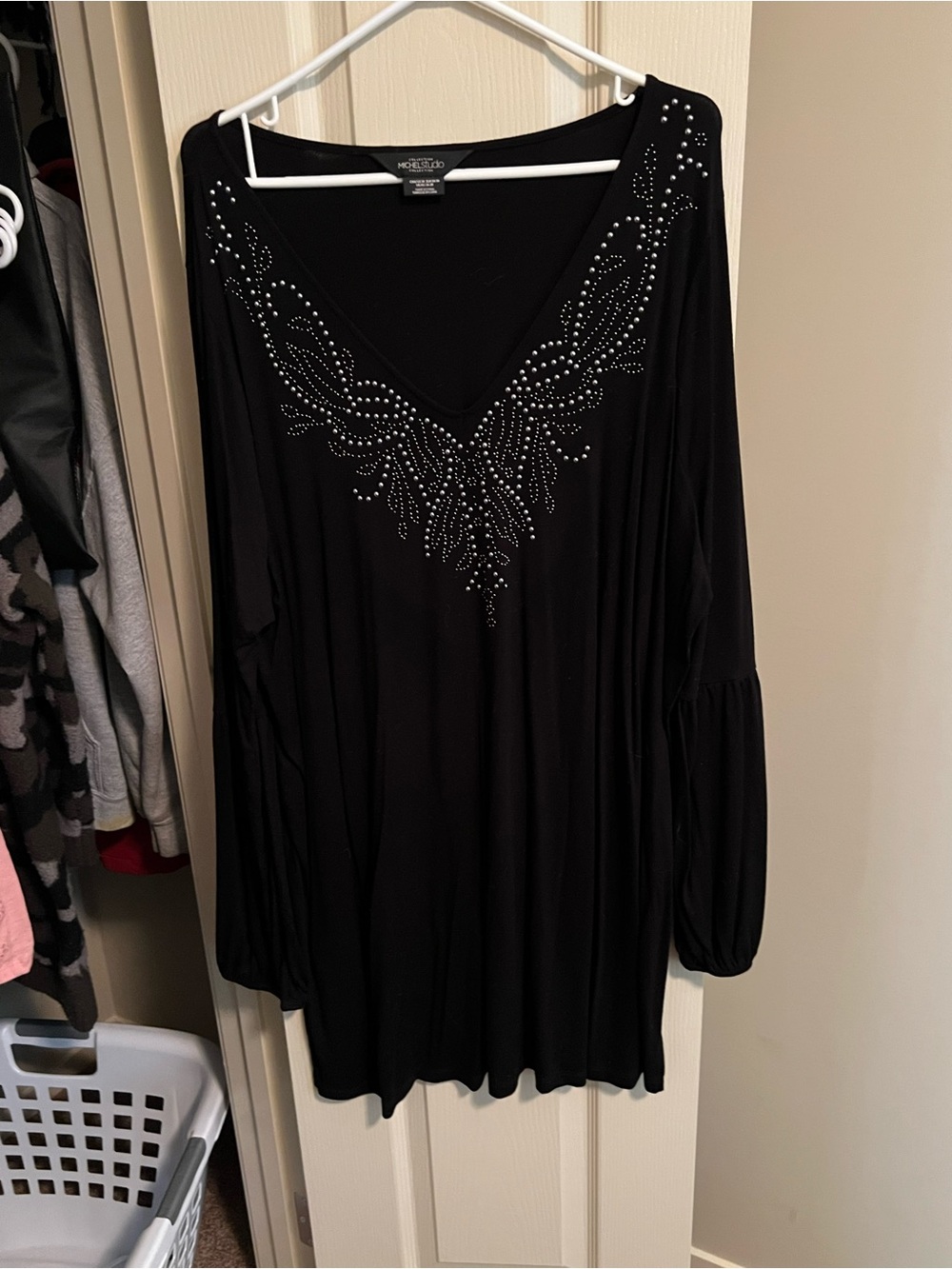 Michel Studio Black V-Neck Tunic with Silver Rhinestone Accent